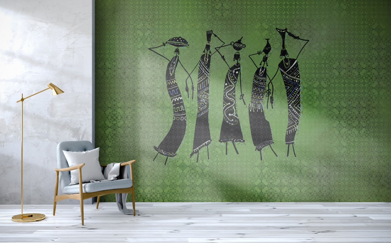 Black Women Stick Figures On Green Wall Wallpaper for wall