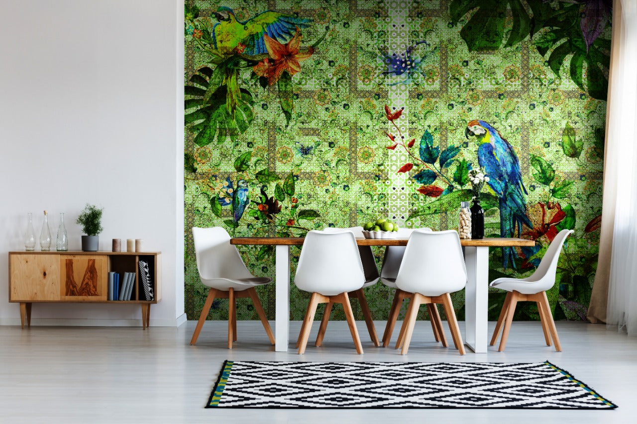 Colorful Parrots On Symmetrical Printed Geometrical Background Wallpaper for wall