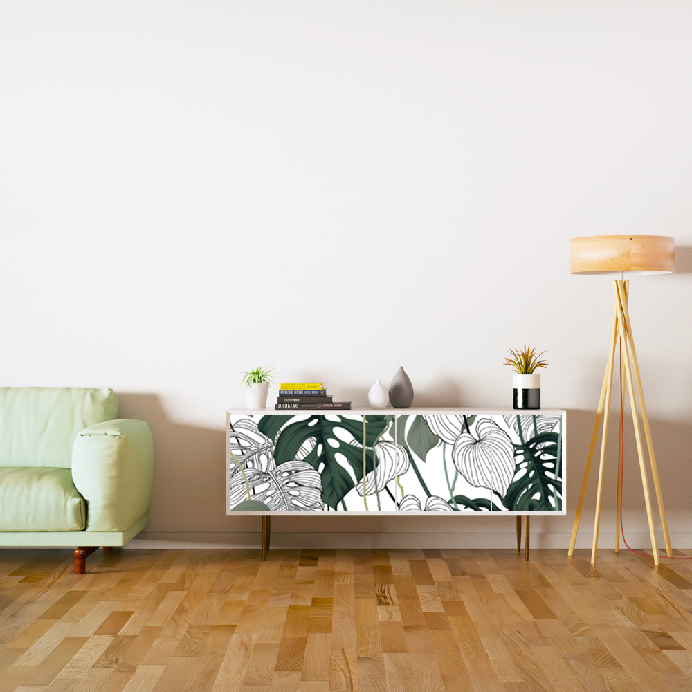 White And Green Leafs Design Self Adhesive Sticker For Cabinet