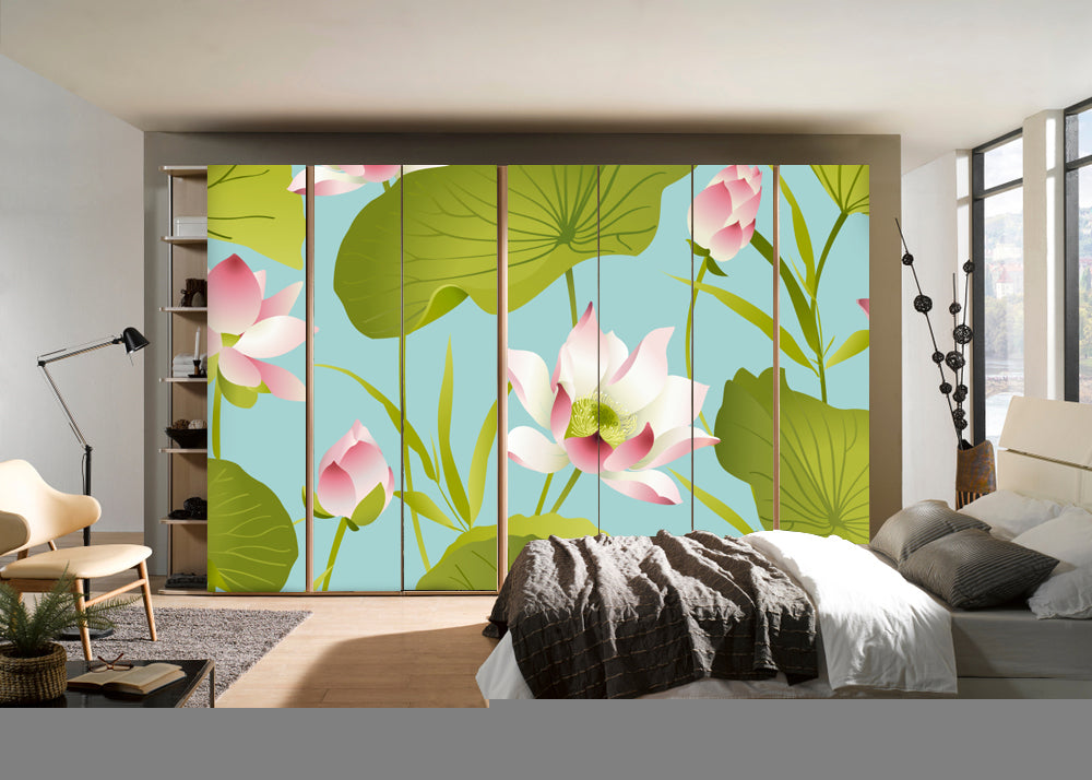 Lotus With Green Leafs Painting Self Adhesive Sticker For Wardrobe