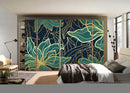 Golden Green Lotus Leafs Painting Self Adhesive Sticker For Wardrobe