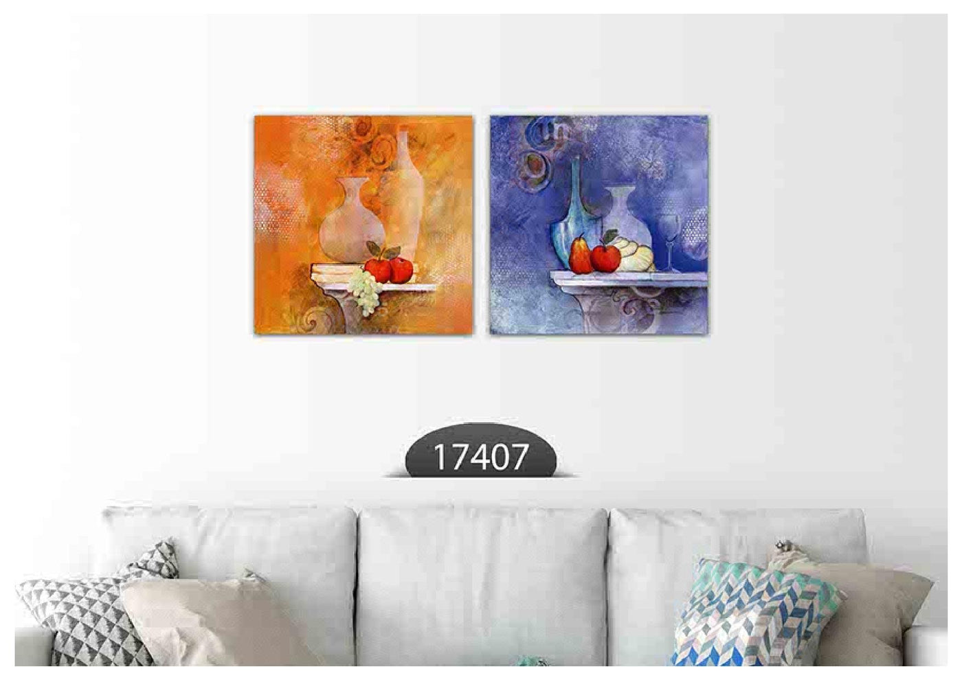 Vase Apple Orange Blue Art, Set Of 2