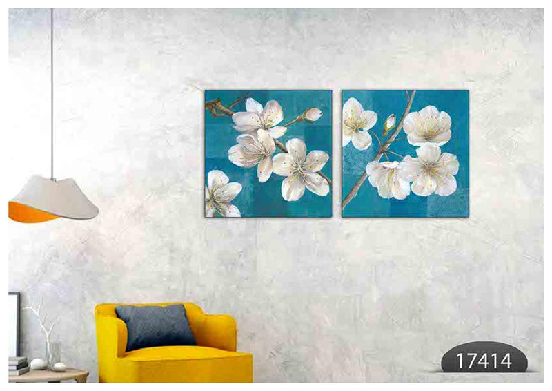 White Floral Blue Art, Set Of 2