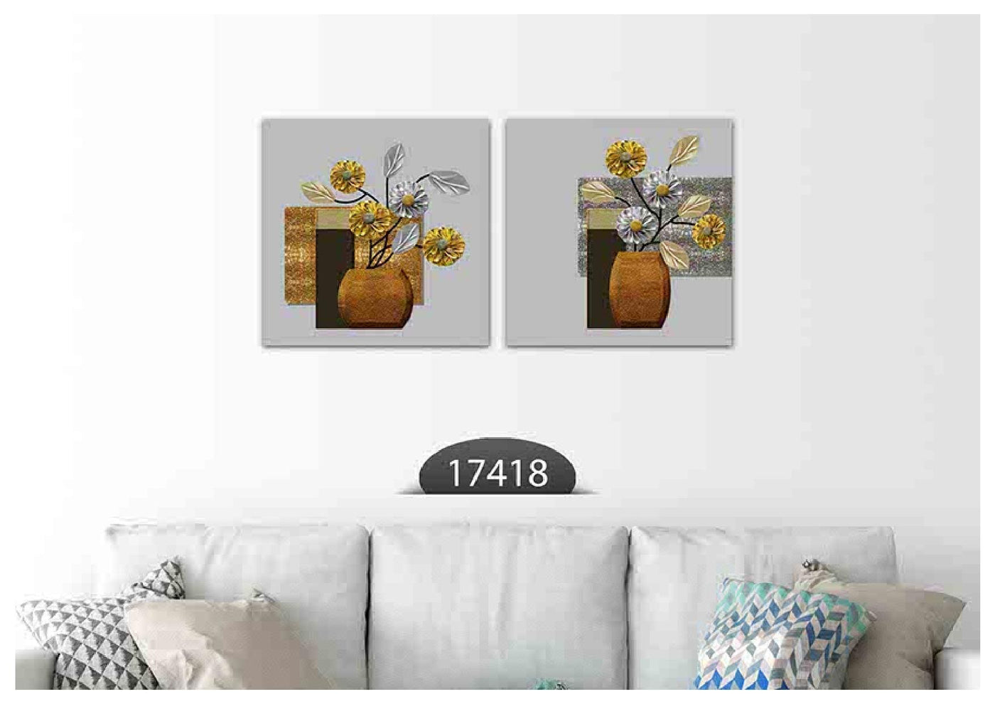 Golden Floral Vase Art, Set Of 2