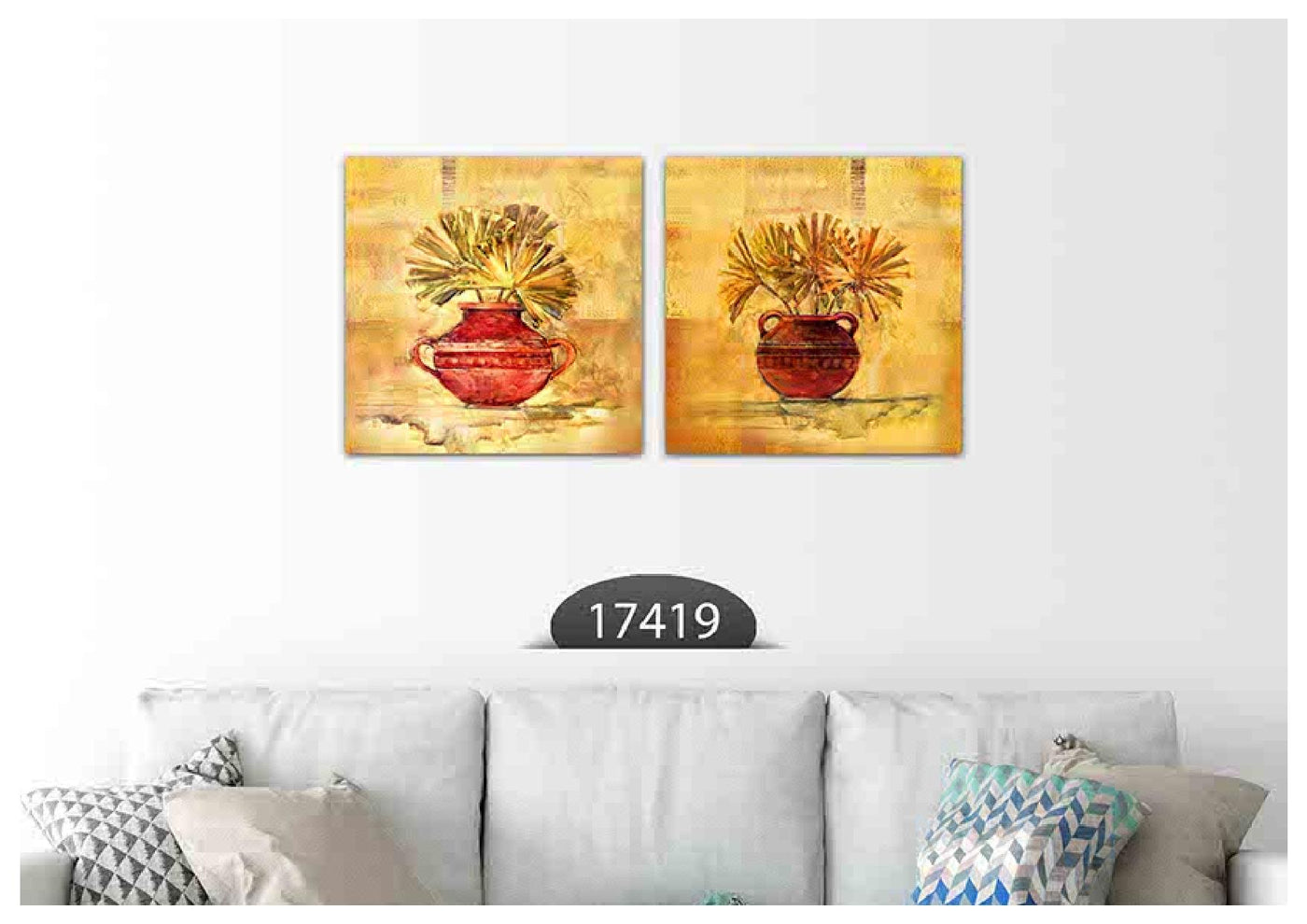 Golden Red Floral Vase Art, Set Of 2