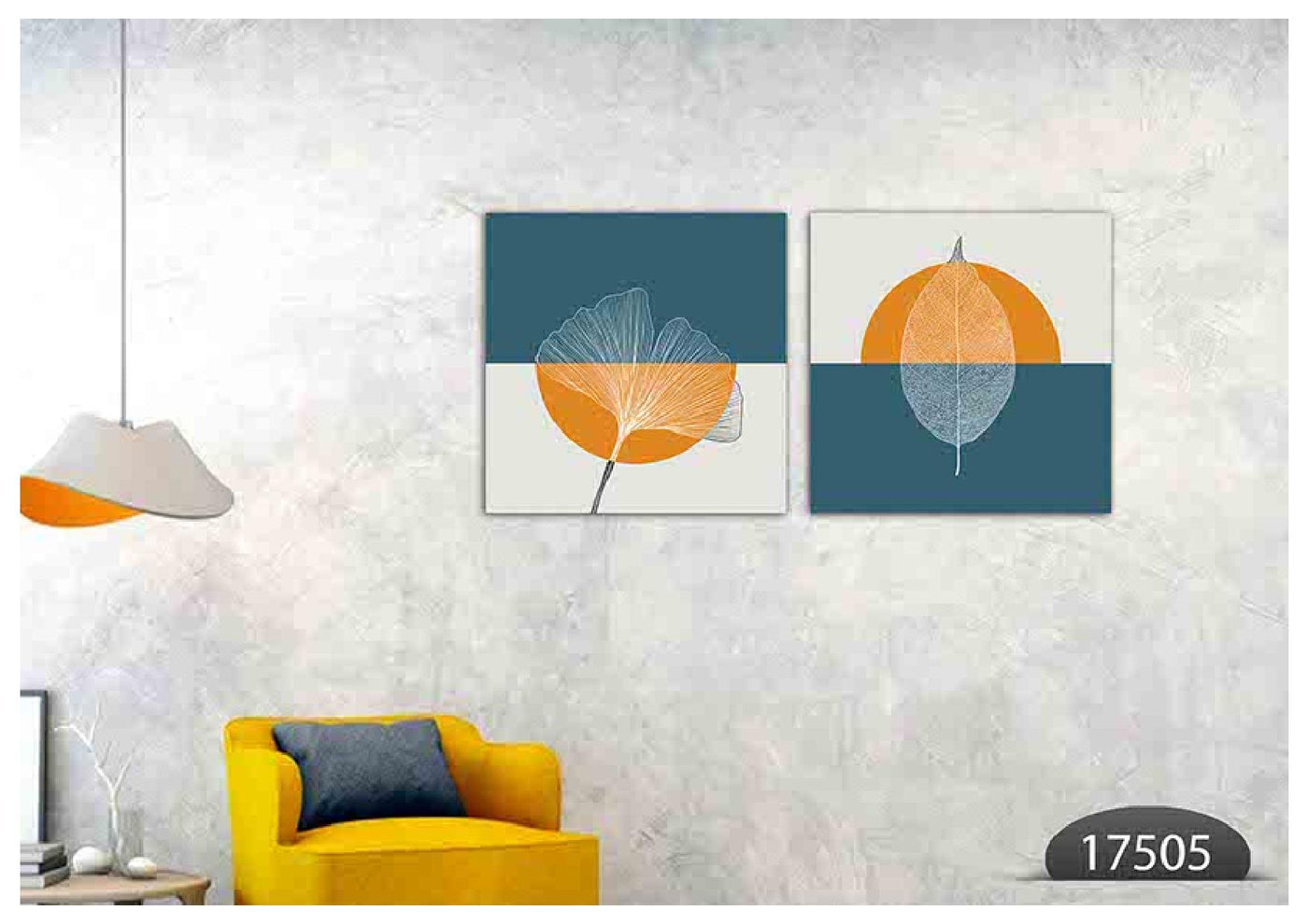 Orange Blue Leaf Art, Set Of 2
