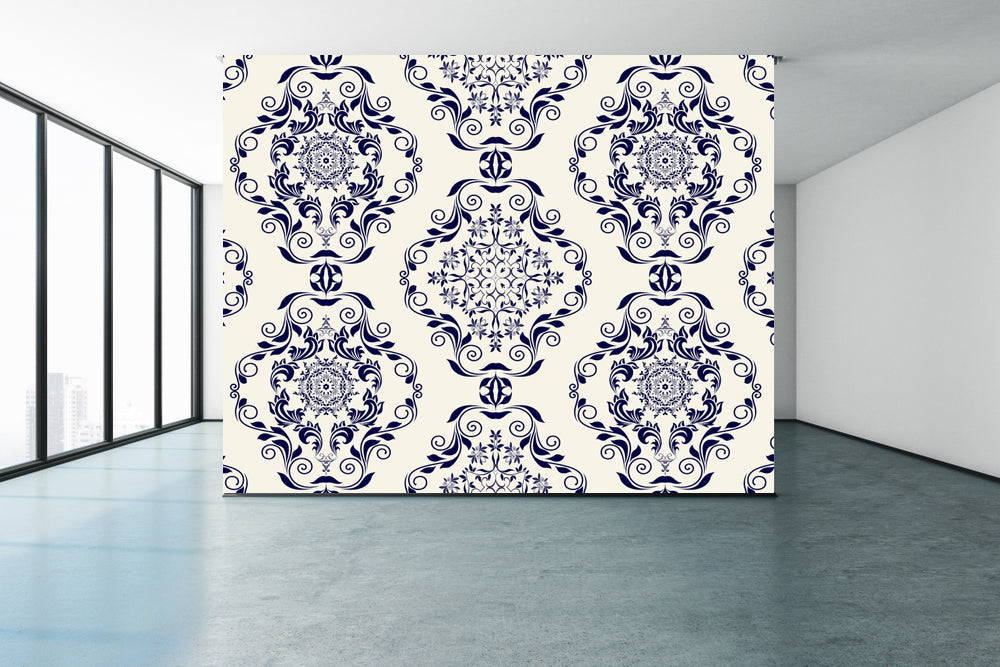 Blue White Vintage Indian Pattern Wallpaper