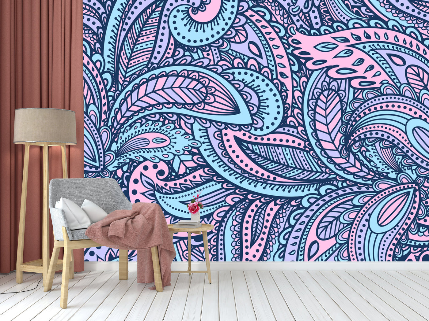 Blue Pink Ethnic Pattern Wallpaper