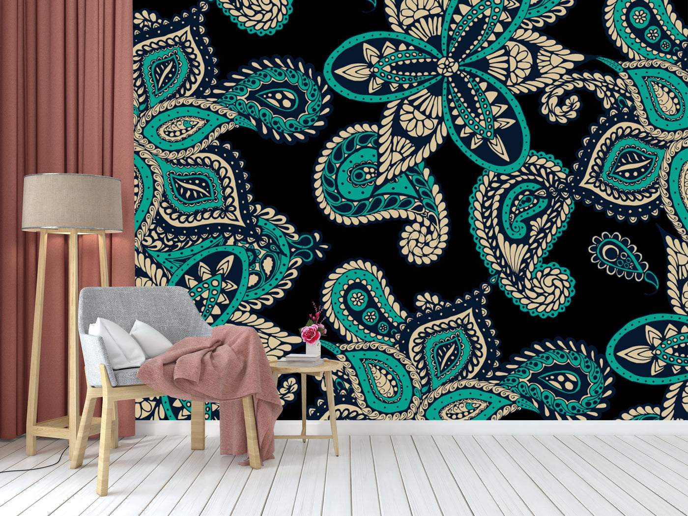 Blue Black Traditional Indian Pattern Wallpaper