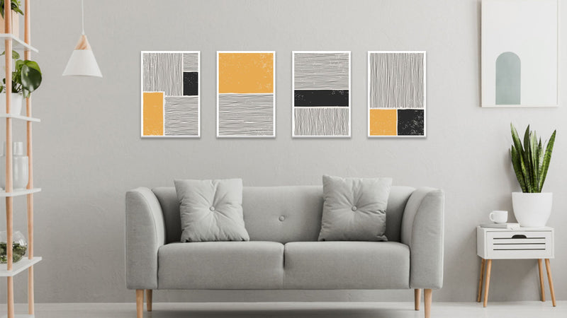 Yellow And Black Lines Design Wall Art, Set Of 4
