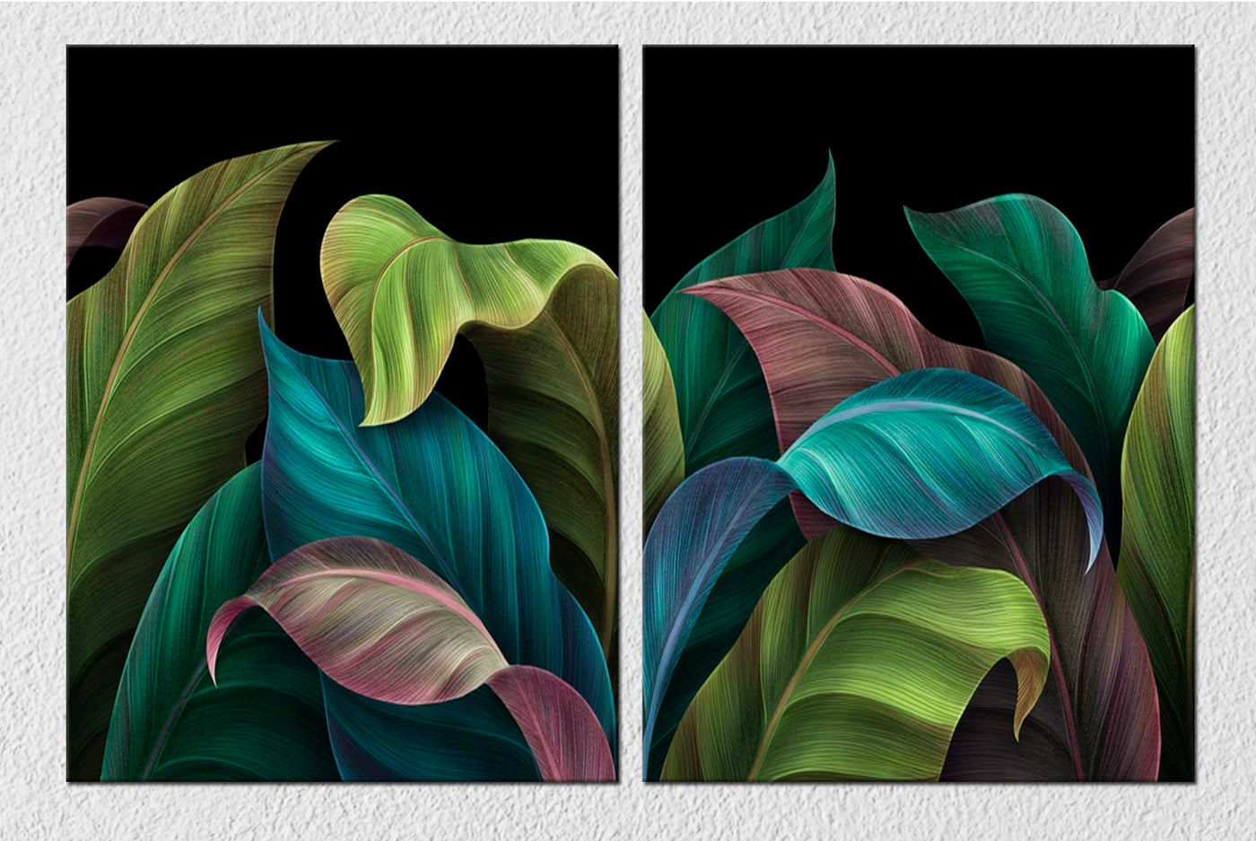 Multicolour Leaves On Black, Set Of 2