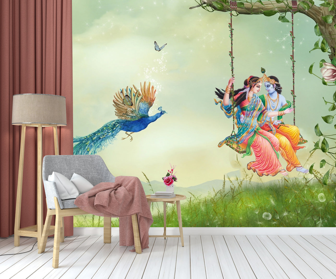 Radha Krishna On Swing And Peacock Wallpaper