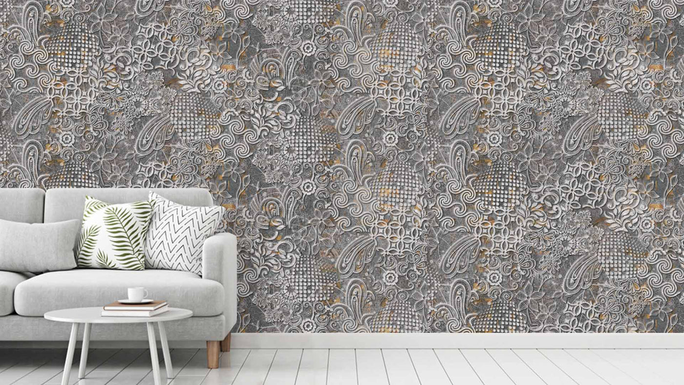 Silver Detailed Antique Work Rustic Wallpaper