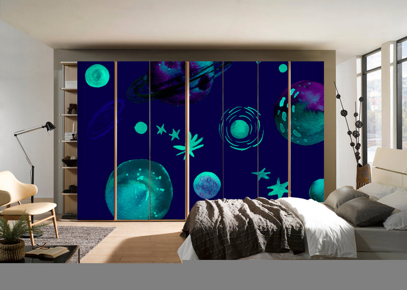 Green Planets In Space Self Adhesive Sticker For Wardrobe