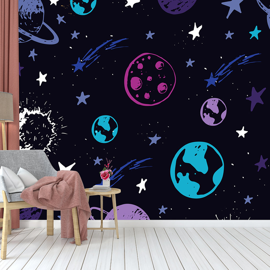 Blue And Pink Planets Black Wallpaper