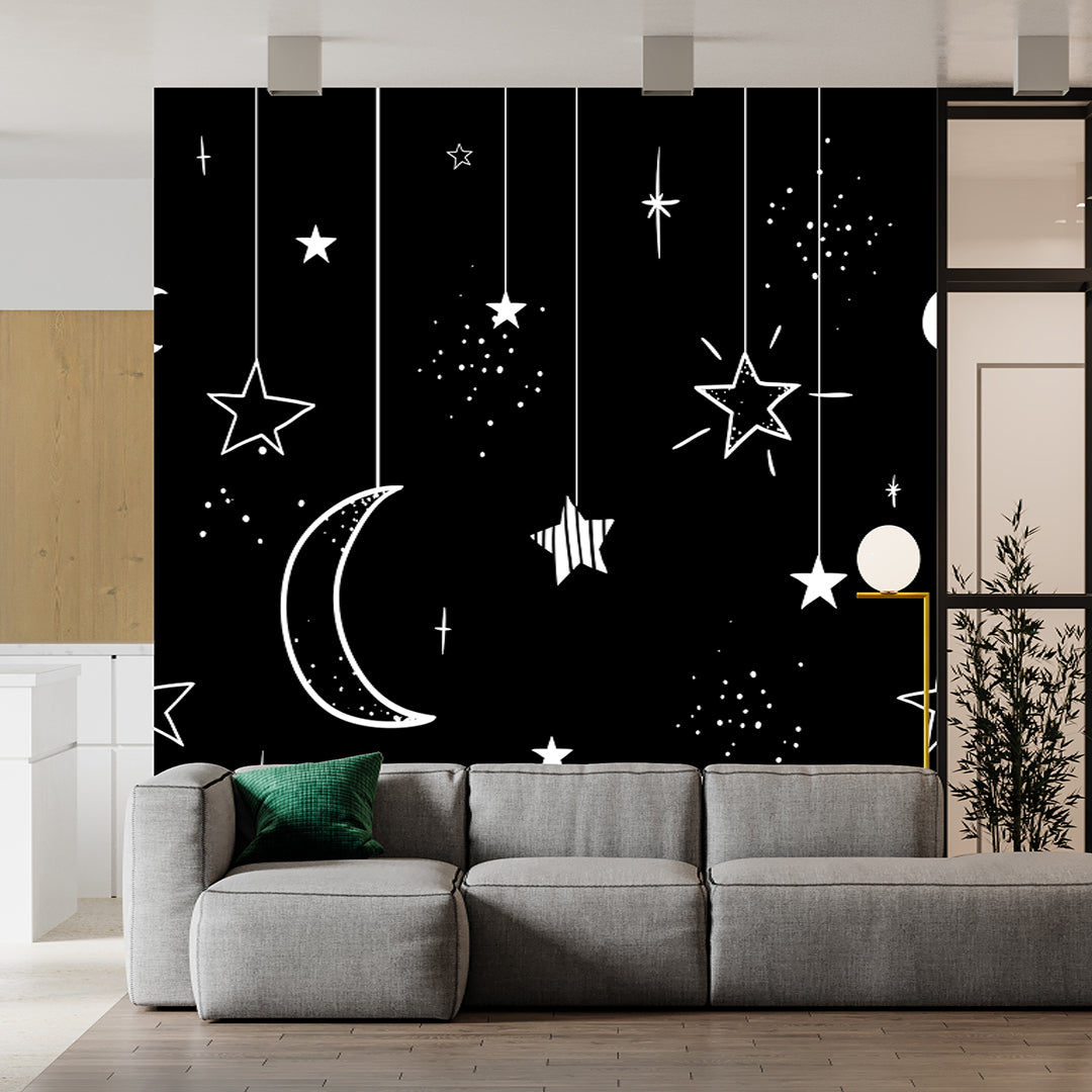 Hanging Moon And Stars Black Wallpaper