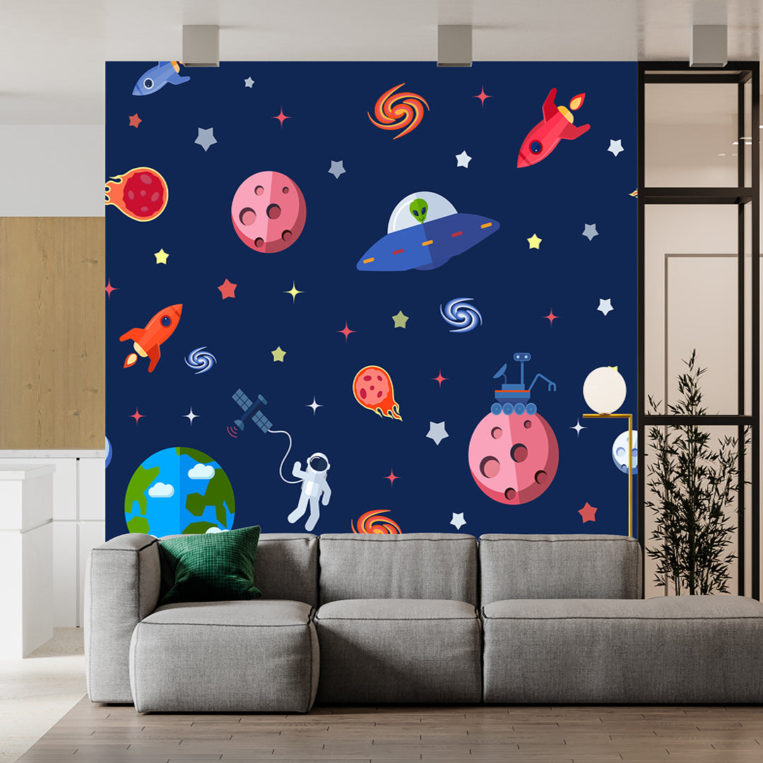 Decorative Multicolor Planets Blue Wallpaper
