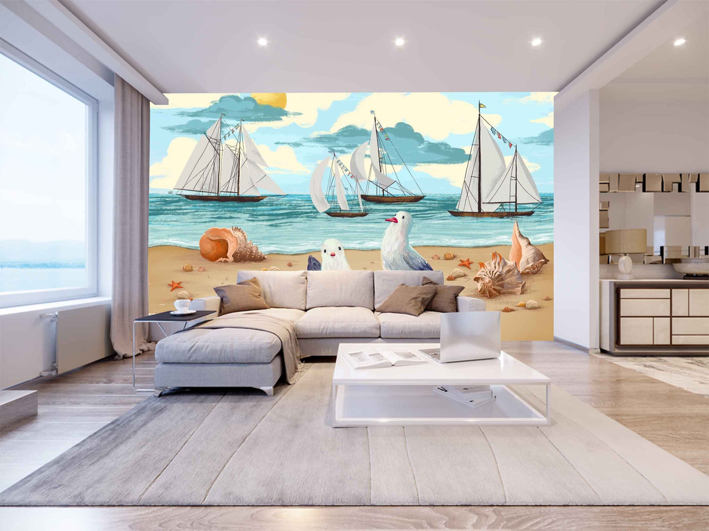 Blue Sea Sky Sailboats Seagulls Shells On Beach 3D Wallpaper In Neutral Shade
