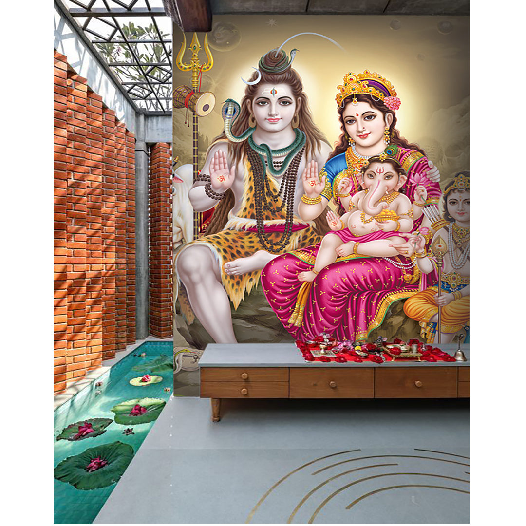 Shiv Parvati With Ganesh Self Adhesive Sticker Poster