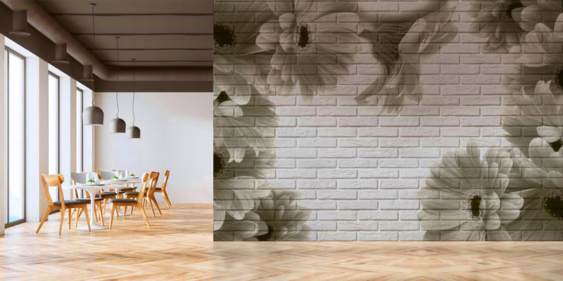 White Floral Brick Wallpaper