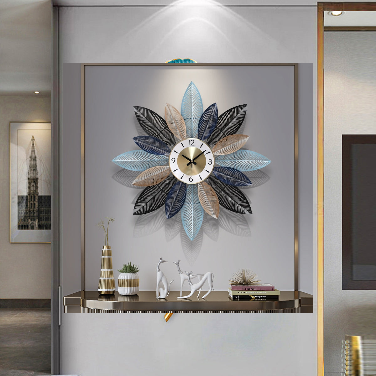 Blue Mesh Leaves Wall Clock