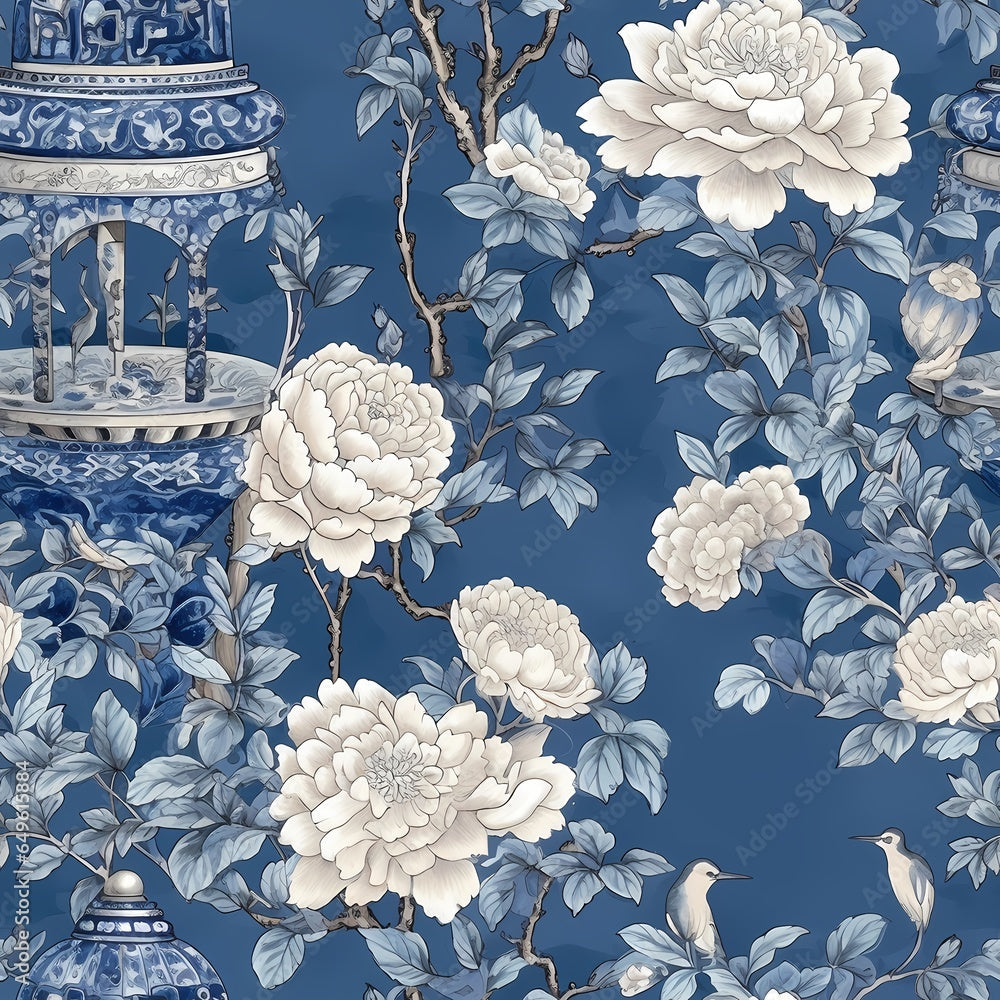 Chinoiserie Blue Floral Garden Wallpaper – Myindianthings