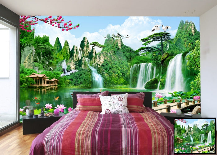 Waterfall and wooden house wall covering