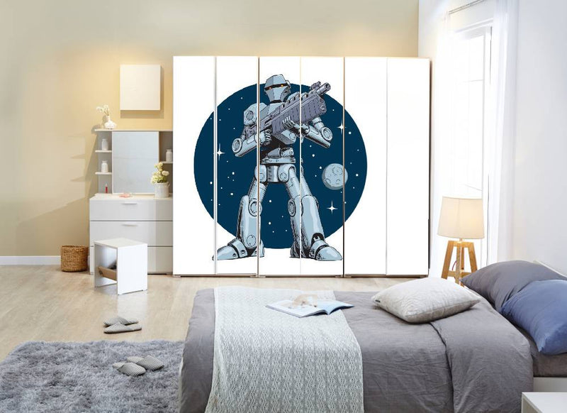 Robot With Gun Character Self Adhesive Sticker For Wardrobe