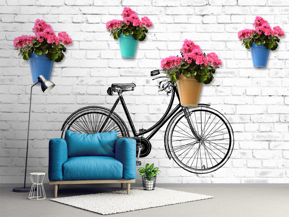 Cycle Art on White Bricks Custom wallpaper