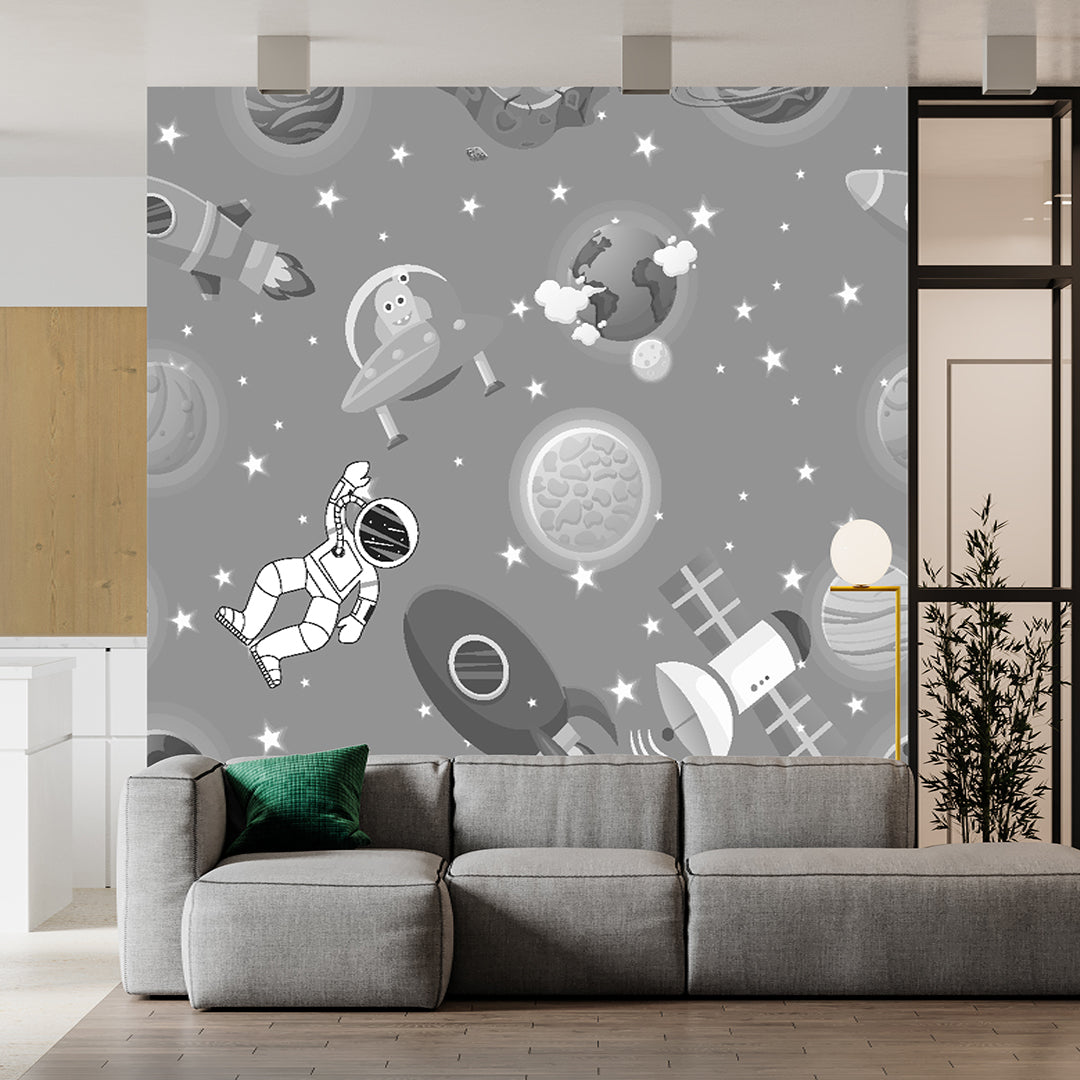 Spaceship And Astronaut Grey Wallpaper