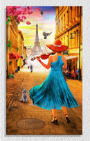 Girl Playing Violin And Eiffel Tower Wall Art