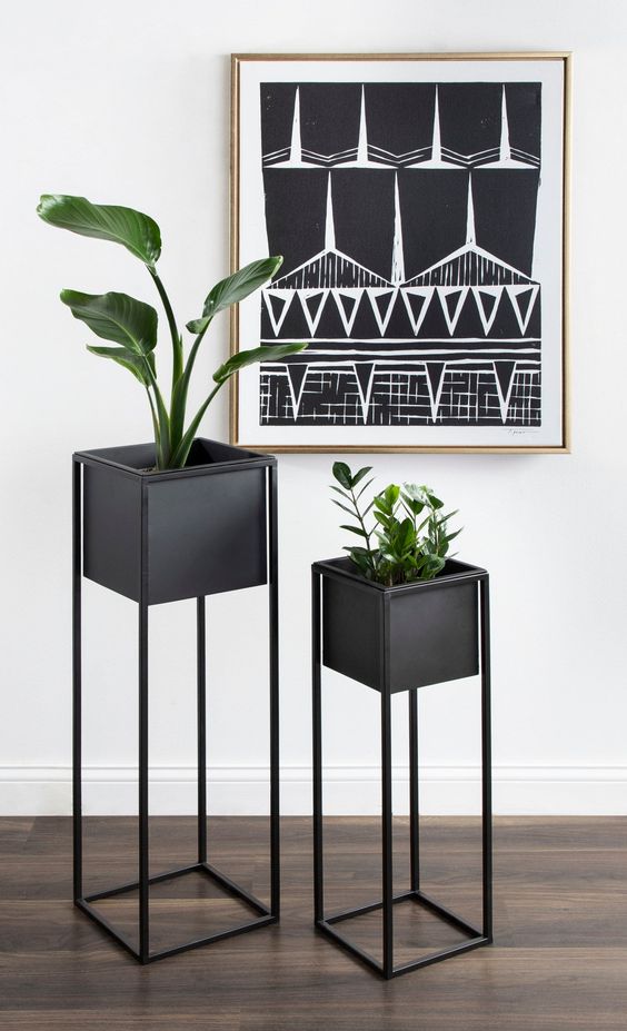 Set of 2 Solid Black Metal Planters Stand