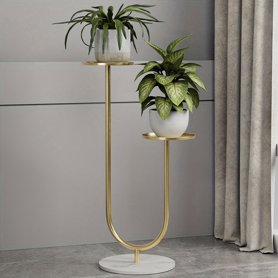 Unique Shaped Golden Metal Planter Stand