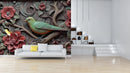 3D Bird With Floral Themed Wooden Wallpaper