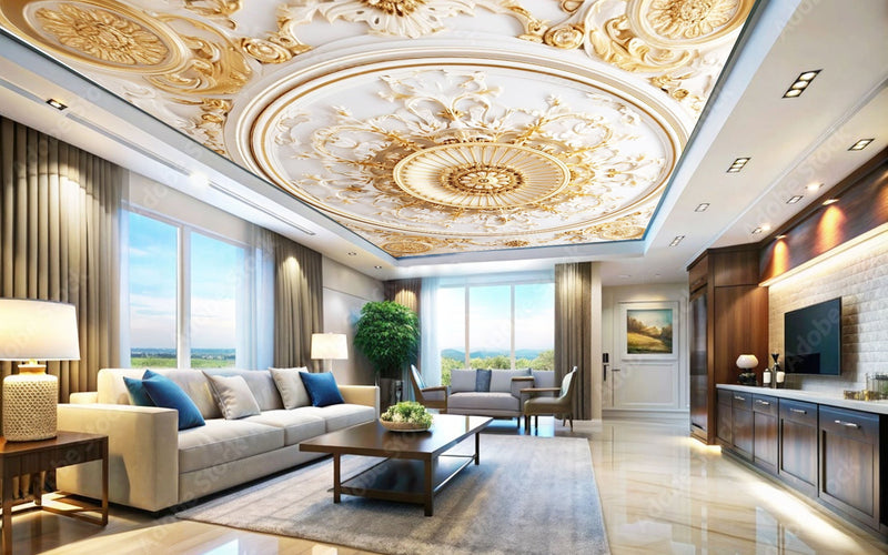 3D Classic Gold Theme Ceiling Wallpaper