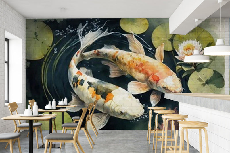 3D Colourful Fish Themed Cafe Wallpaper