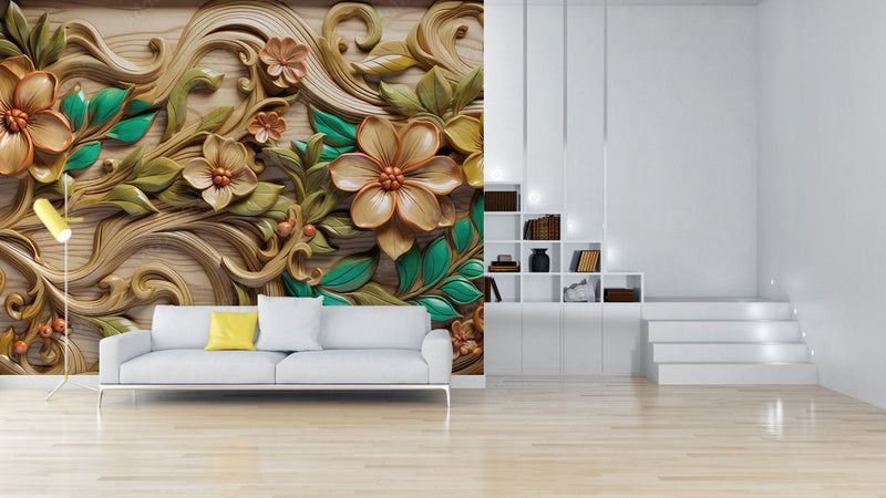 3D Floral Themed Wooden Wallpaper