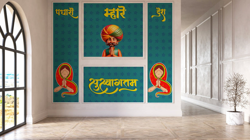Attractive Rajasthani Welcoming Posture Pattern Cafe Wallpaper