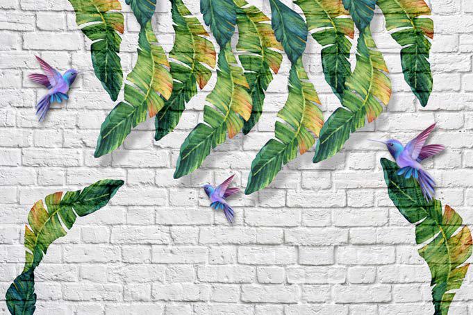 Banana Leaves On Brick Design Tropical Pattern Wallpaper