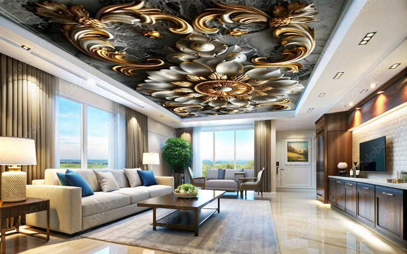 Baroque Style Golden Floral Decorative Ceiling Wallpaper