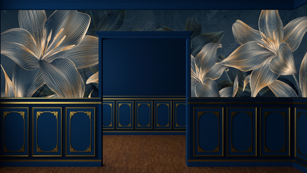 Beautiful Blue Floral Themed Cafe Wallpaper