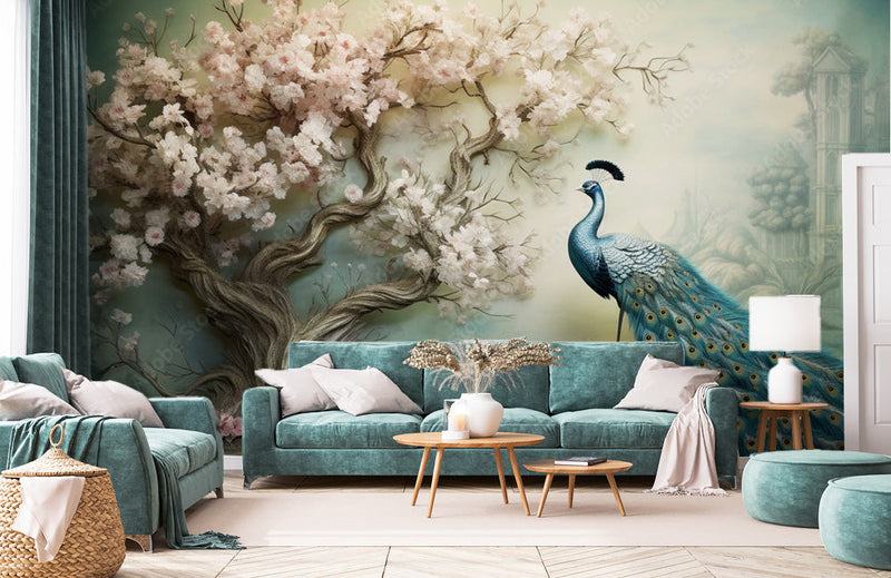 Beautiful Tree Designed 3D Peacock Wallpaper mockup