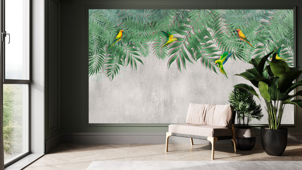 Birds On Leaves Tropical Wallpaper