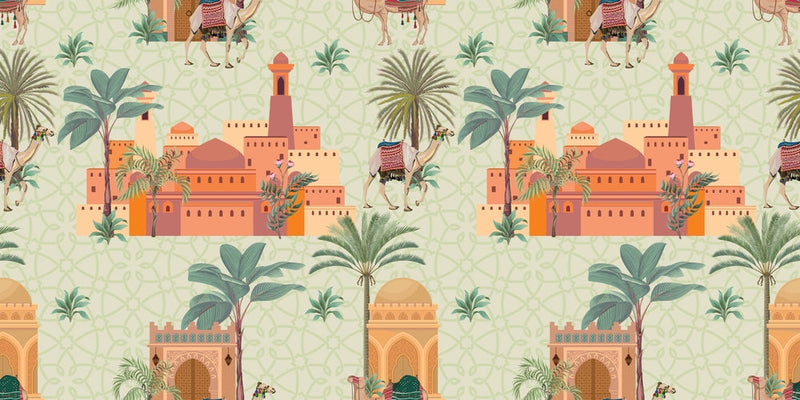 Camels and Palm Tress Combination Indian Pattern Wallpaper
