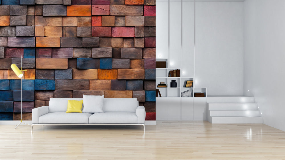 Colorful Blocks Pattern Wooden Wallpaper