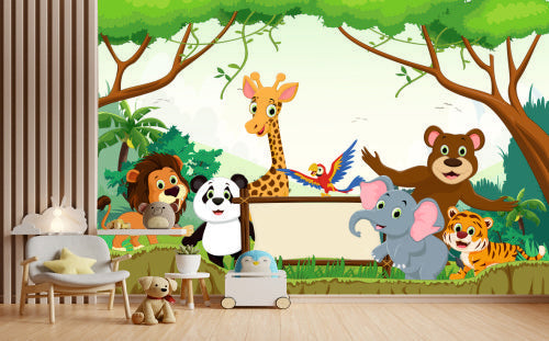 Cute Animals In Jungle Kids Wallpaper