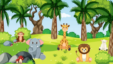 Cute Cartoon Animals In Jungle Kids Wallpaper