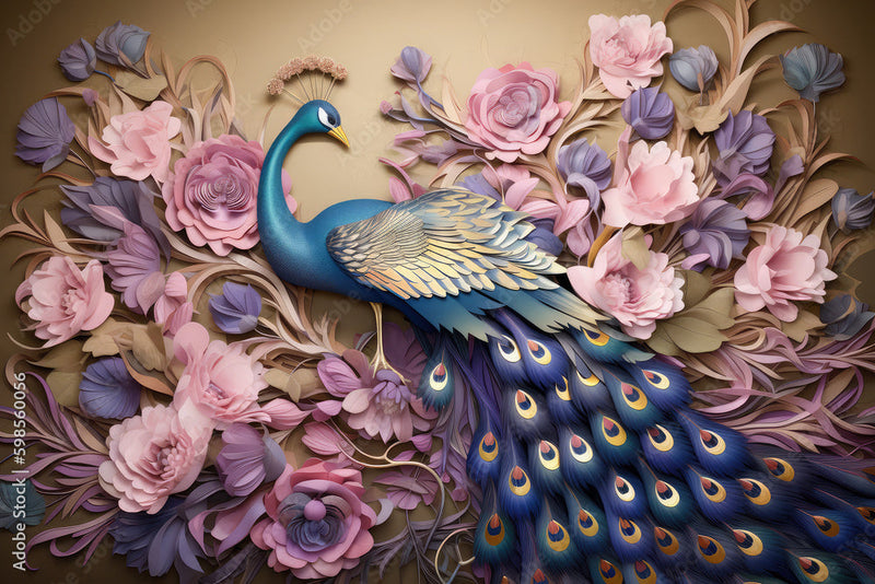 Delightful Floral Textured 3D Peacock Wallpaper
