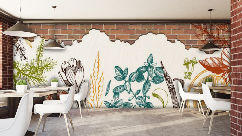 Elegant Floral With Brick Pattern Cafe Wallpaper