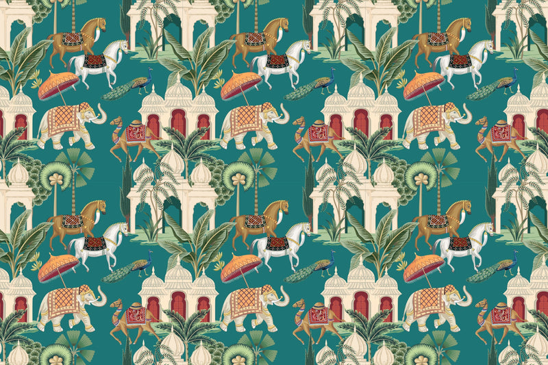 Elephant And Horses In Mughal Dynasty Indian Pattern Wallpaper
